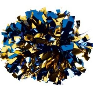 2 blue and gold pom poms
